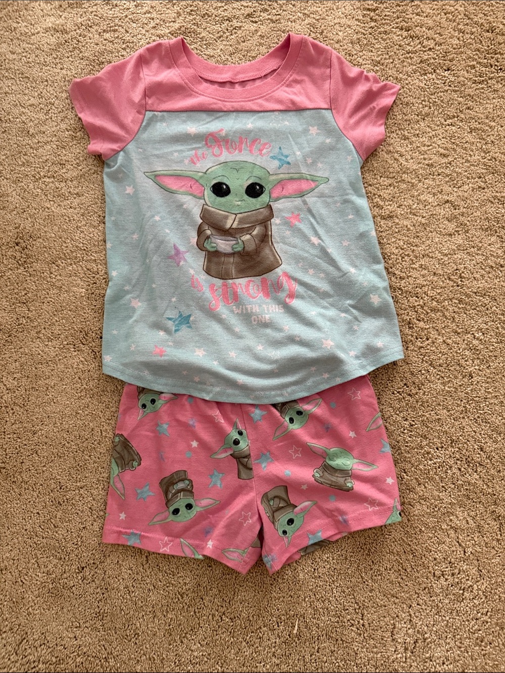 Star Wars Pink & Light Blue Grogu Short Sleeve Pajama Set. Size 8. Some wear.
